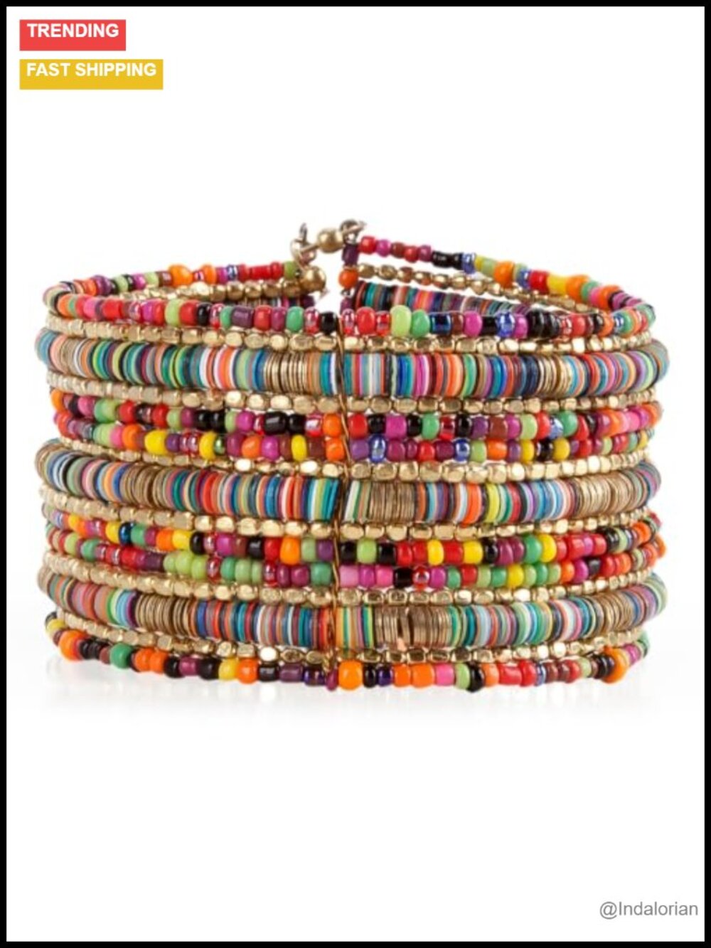 Boho Memory Wire Cuff Bracelet Stackable Beaded Wide 1.5 Inch